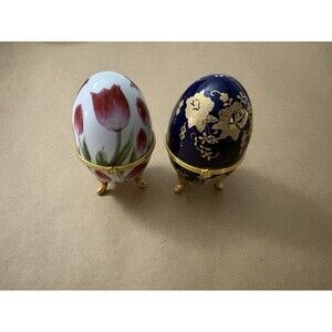 4in Unbranded Handcraft Egg-Shaped Porcelain Footed Floral Trinket Box Set Of 2